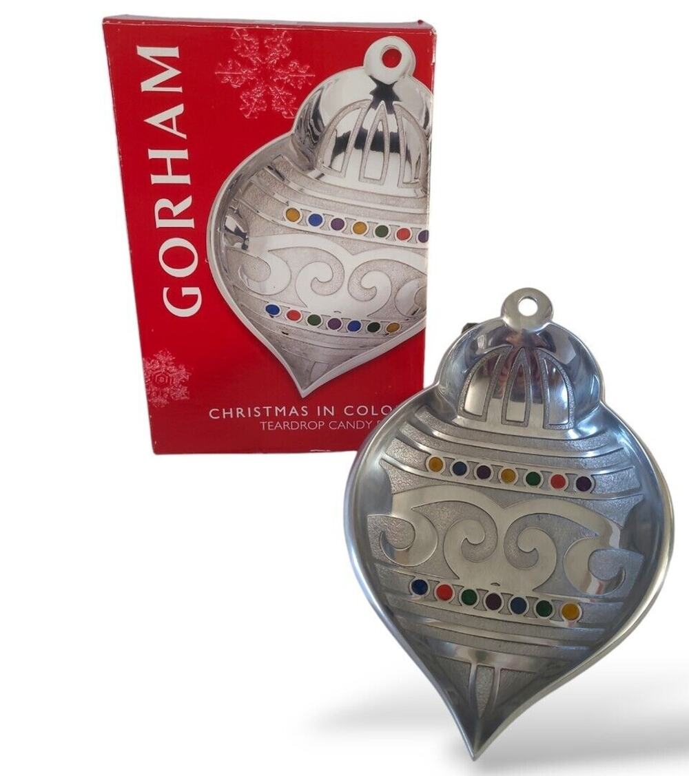 Gorham Christmas in Color Ornament Candy Trinket Dish NEW Teardrop Silver Decor
